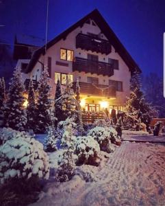 un gran edificio en la nieve por la noche en Casa Daniel en Bran