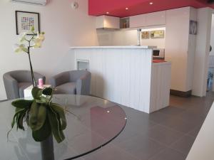 a kitchen with a glass table with a plant on it at L'Esperluette in Suze-la-Rousse