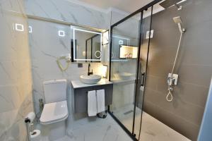 a bathroom with a toilet and a sink and a shower at Oban Suites Istanbul in Istanbul +205 photos