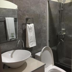 La salle de bains est pourvue d'un lavabo, de toilettes et d'une douche. dans l'établissement Bohol Ecotel, à Tagbilaran