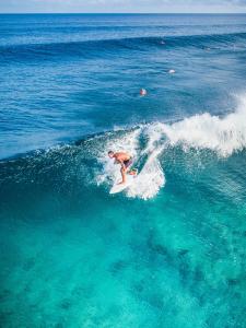 a man riding a wave on a surfboard in the ocean at Season Paradise in Thulusdhoo
