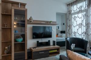 a living room with a flat screen tv on a wall at Hahnenklee Ferienpark 409 & 211 in Goslar
