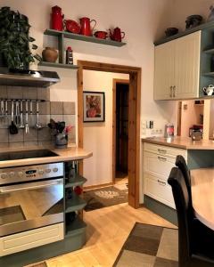 a kitchen with a stove and a counter top at Ferienhaus zwischen Wald und See in Möhnesee +7 photos