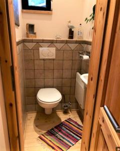 małą łazienkę z toaletą i umywalką w obiekcie Ferienhaus zwischen Wald und See w mieście Möhnesee