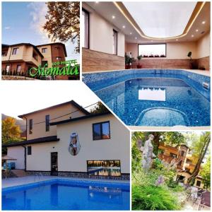 a collage of pictures of a house and a swimming pool at Eco Hotel Momata in Kolarovo