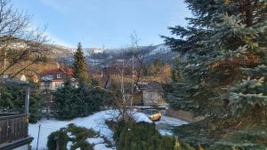 einen schneebedeckten Hof mit einem Haus und einem Auto in der Unterkunft Apartament Olimpijska 54 z prywatnym jacuzzi na tarasie in Szczyrk