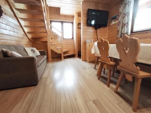 Cabaña de madera con sala de estar con sofá y TV. en Domki Pienińskie en Szczawnica