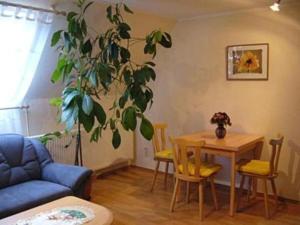 a living room with a table and a plant at Haus Feldmühle in Bad Frankenhausen