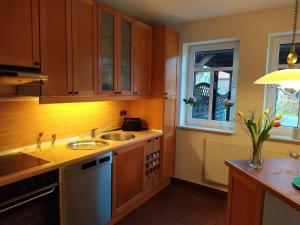 eine Küche mit Holzschränken, einem Waschbecken und einem Fenster in der Unterkunft Villa MeerSinn in Bad Zwischenahn