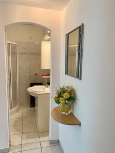 uma casa de banho com um lavatório e um vaso de flores sobre uma mesa em Apartment Locarno-Lido em Locarno