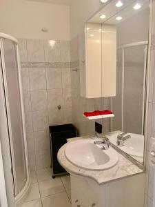um banheiro branco com uma pia e um espelho em Apartment Locarno-Lido em Locarno