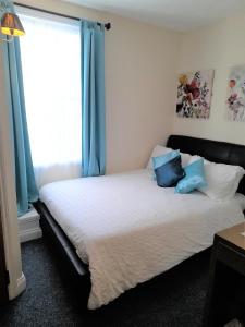 ダートマスにある17 Foss Streetのベッドルーム1室(青いカーテン付きの大型ベッド1台付)