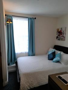 a bedroom with a bed with blue curtains and a window at 17 Foss Street in Dartmouth