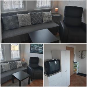 sala de estar con sofá y TV en Ferienwohnung Katrin - nahe Chemnitz, en Limbach - Oberfrohna