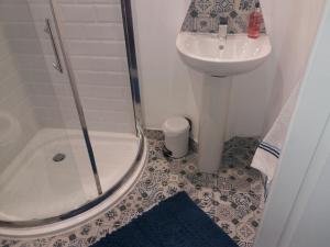 a bathroom with a shower and a sink and a toilet at Wavecrest in Holyhead