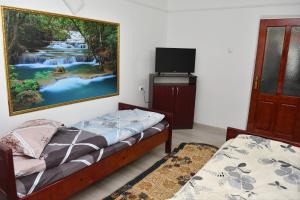 a bedroom with two beds and a painting on the wall at Casa Simescu I in Caransebeş
