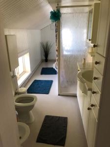 的住宿－Disponenten，浴室设有卫生间和带蓝色地毯的淋浴。
