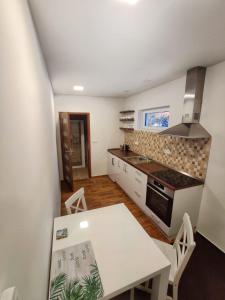 a kitchen with a white table and a stove top oven at Penzion Svatý Jan in Turnov