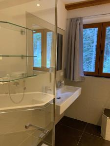 uma casa de banho com um lavatório e uma cabina de duche em vidro. em Unterurban DIE ZWEI em Unsere Liebe Frau im Walde