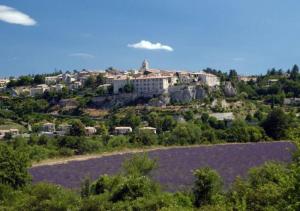 a city on top of a hill with a town at La Maison Bleue in Sault-de-Vaucluse
