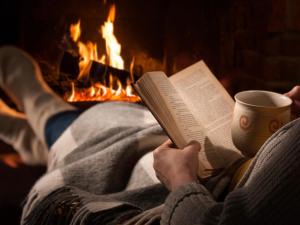 a person reading a book next to a fire at Nordic Relax House - WoodHouse in Sjöbo