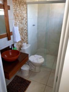 Un baño con lavabo, inodoro y ducha. en Pousada Alegria do Cowboy, en Penha 68 fotos más