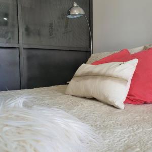 a bed with two pillows and a lamp on it at Bonito Departamento a metros del MAR . in Puerto Madryn