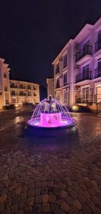 a fountain in the middle of a street at night at Apartments Tsaritsino in Adler