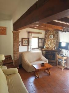een woonkamer met een bank en een open haard bij Casa cecilio in Nerja