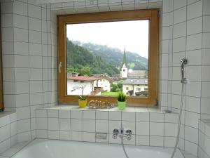 Łazienka z prysznicem i oknem z widokiem w obiekcie Appartementhaus Kaltenbach-Stumm by PiaundDirk w mieście Stumm