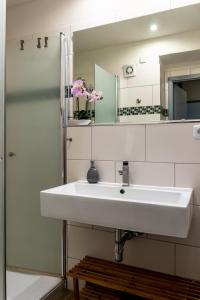y baño con lavabo blanco y espejo. en Hahnenklee Ferienpark 7-511 en Goslar