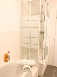a white bathroom with a shower and a tub at Appartement en plein centre ville in Apt