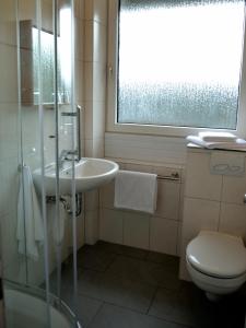 uma casa de banho com um lavatório, um WC e uma janela. em Forsthaus Schöntal em Aachen