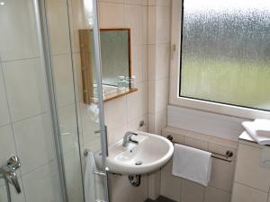 La salle de bains est pourvue d'un lavabo et d'une douche en verre. dans l'établissement Forsthaus Schöntal, à Aix-la-Chapelle