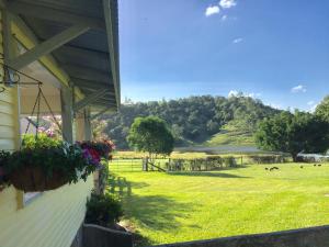 a view from the porch of a house with a field and a lake at CedarBrae Country Stay in Gympie