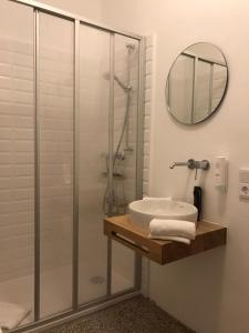 a bathroom with a shower and a sink and a mirror at WAGNERS Ferienwohnungen in Norhalben in Nordhalben