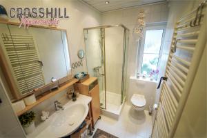un bagno con lavandino, doccia e WC di CROSSHILL Appartements - Charmante und helle Wohnung a Schwandorf Altre 13 foto