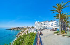 a view of a beach with palm trees and buildings at Hotel Balcón de Europa in Nerja