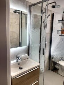 a bathroom with a sink and a shower at Horizon Plage in Hyères