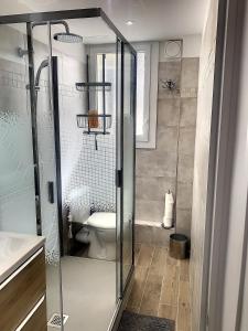 a bathroom with a toilet and a glass shower at Horizon Plage in Hyères