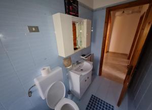 un bagno con un water e un lavandino di Amata Villa Vacanza a Leuca Altre 37 foto