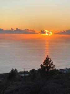 a sunset over the ocean with a tree in the foreground at HRlos Piratas - Ferien Haus La Palma - GOOD WLAN !! in Tijarafe