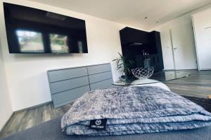 a bedroom with a bed and a tv on the wall at Moderner Einraumbungalow auf eigenem Grundstück in Flecken Zechlin