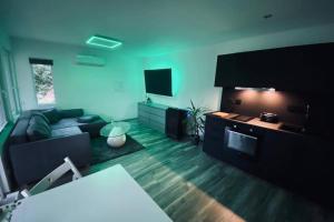 a living room with a couch and a flat screen tv at Moderner Einraumbungalow auf eigenem Grundstück in Flecken Zechlin