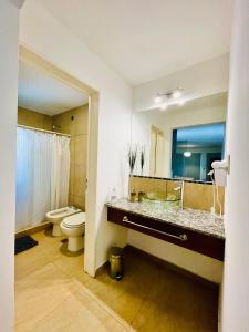 a bathroom with a sink and a toilet at BOULEVARD departamentos in Mina Clavero