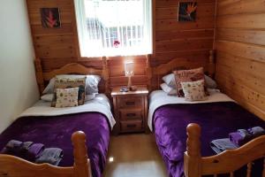 two beds in a room with wooden walls at Luxurious lodge, Hot tub at Rudyard Lake, couples or small family in Rudyard
