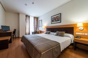 レオンにあるFC インファンタス デ レオンの大きなベッドとデスクが備わるホテルルームです。