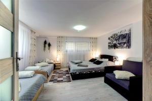 pokój z 3 łóżkami i kanapą w obiekcie Apartamenty Bieszczady w mieście Lesko