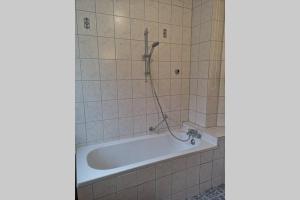 a bath tub in a tiled bathroom with a shower at Ingrid`s Ferienwohnung in Röthenbach an der Pegnitz +15 photos