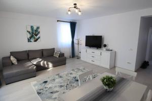 - un salon avec un canapé et une télévision dans l'établissement White Apartment Gura Humorului, Bucovina, Voronet, à Gura Humorului